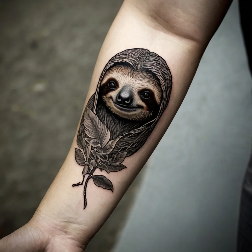 Realistic sloth tattoo with intricate shading, hugging branches and leaves, beautifully detailed on the forearm.