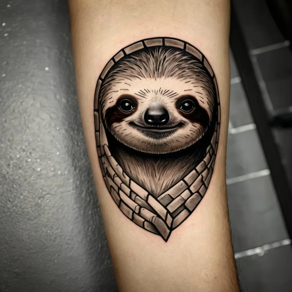 Realistic sloth tattoo peeking from a geometric stone pattern, with detailed shading and textured fur for depth.