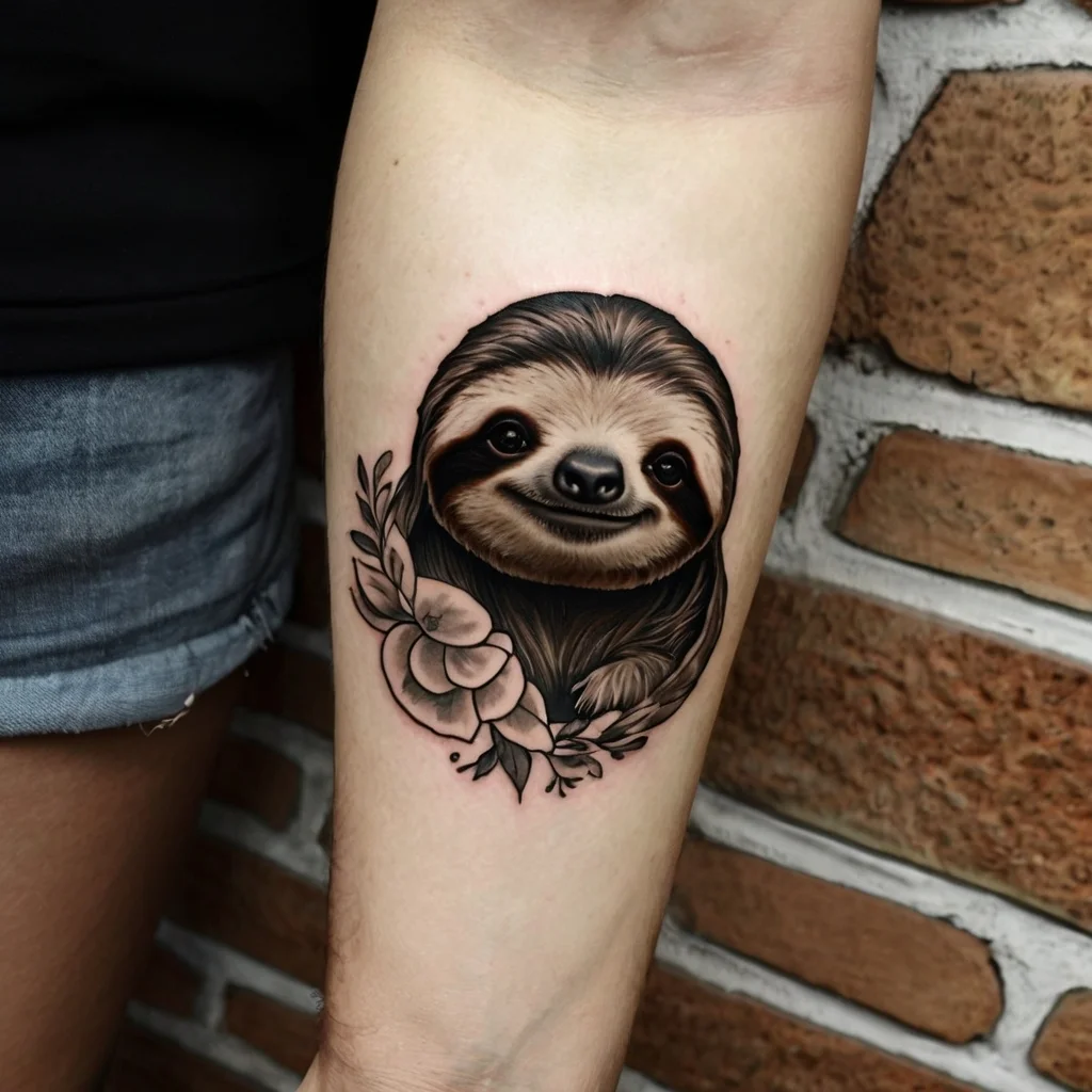 Realistic sloth tattoo with detailed fur, paired with floral elements, creating a whimsical and serene design on the arm.