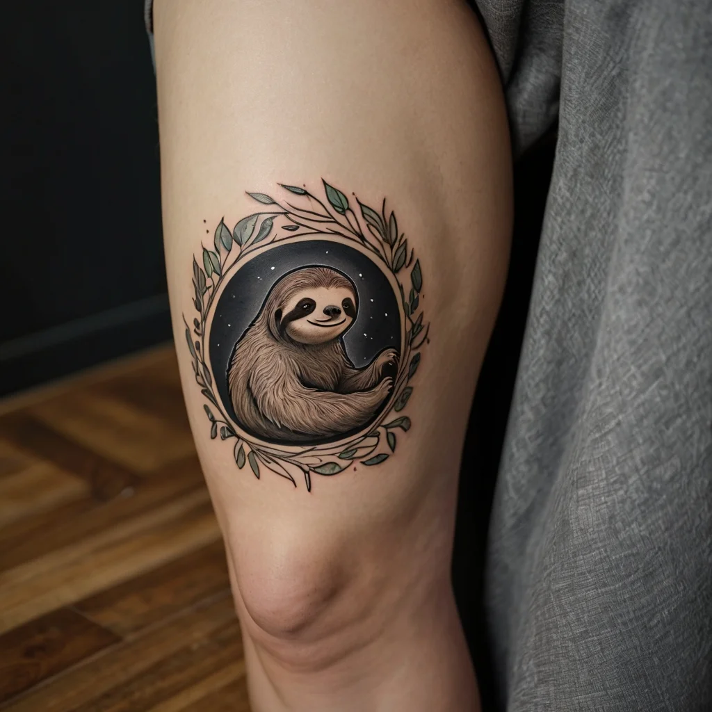 Tattoo of a smiling sloth sitting within a circular frame of leaves, against a dark starry background on the thigh.