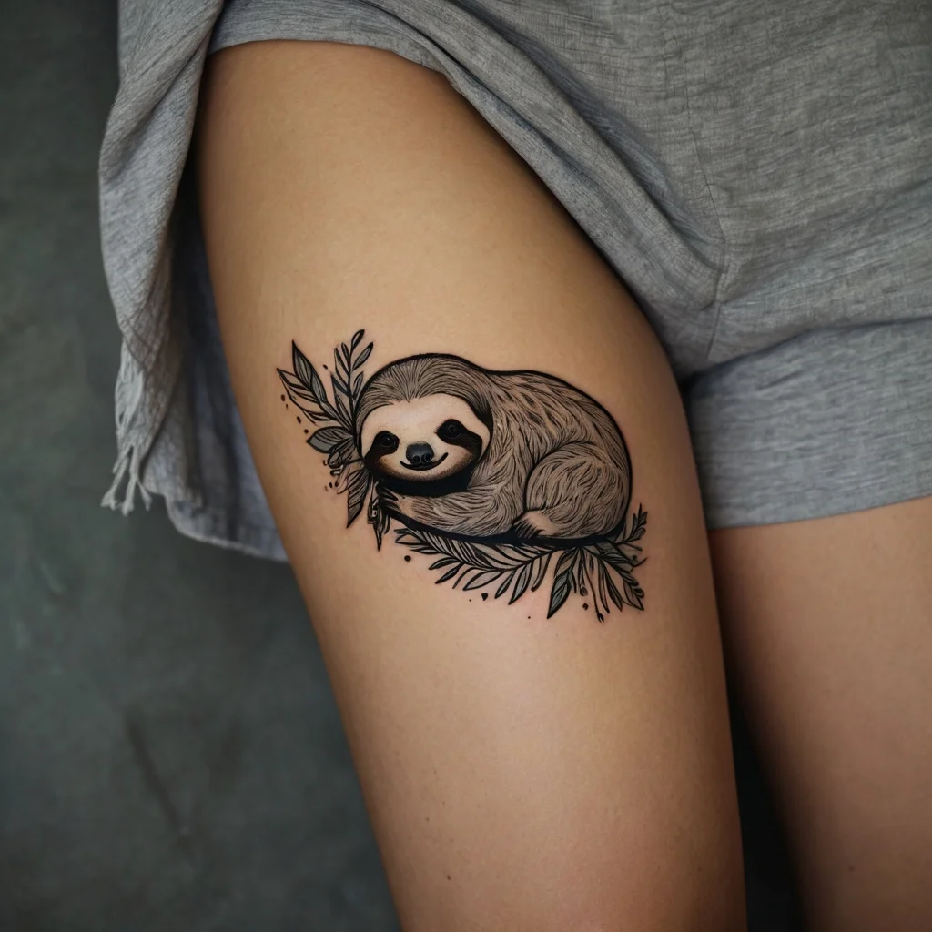 Tattoo of a cute sloth nestled among leaves, detailed with earthy tones and fine linework on the thigh.