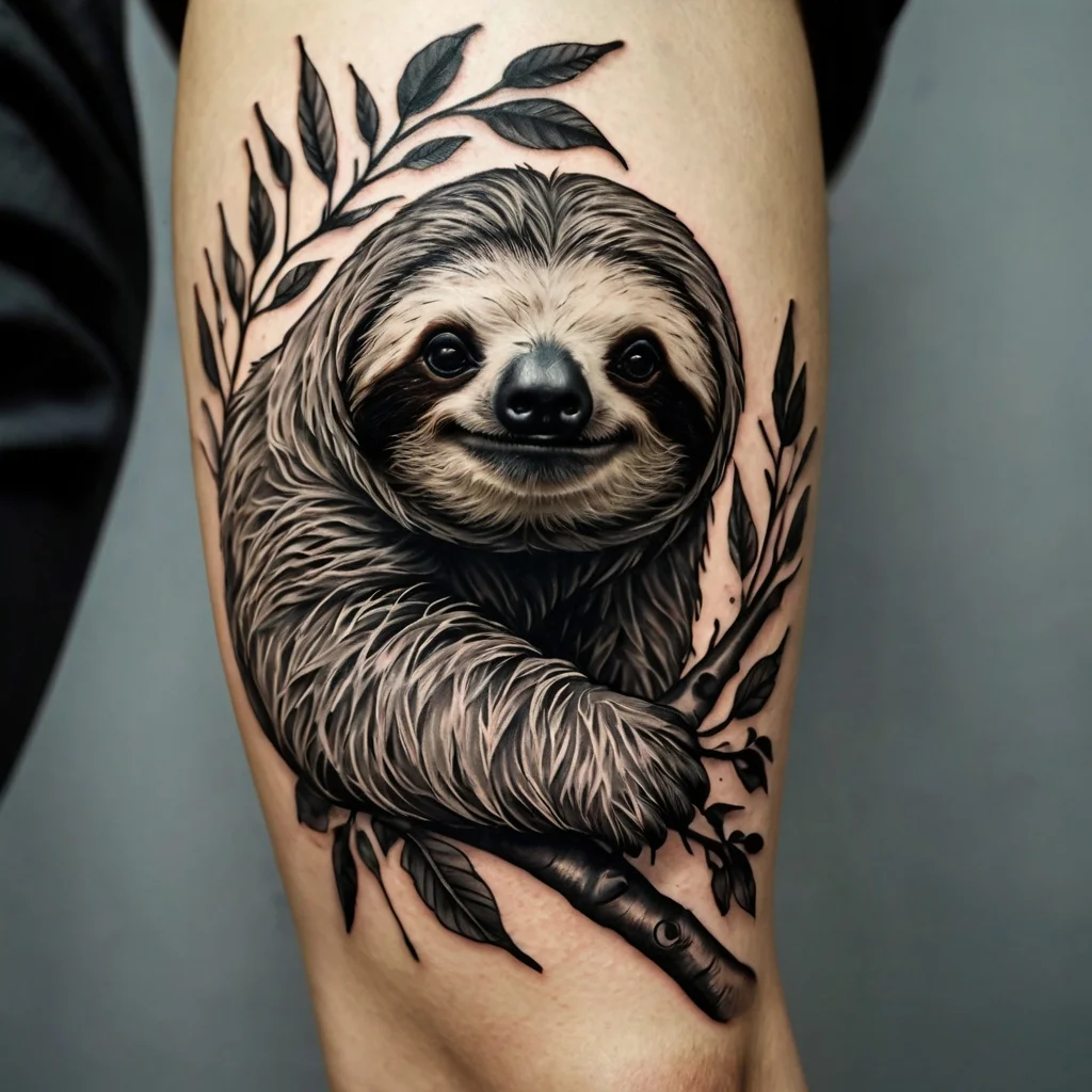 Realistic sloth tattoo wrapped around branch with detailed leaves, showcasing lifelike fur texture and serene expression.