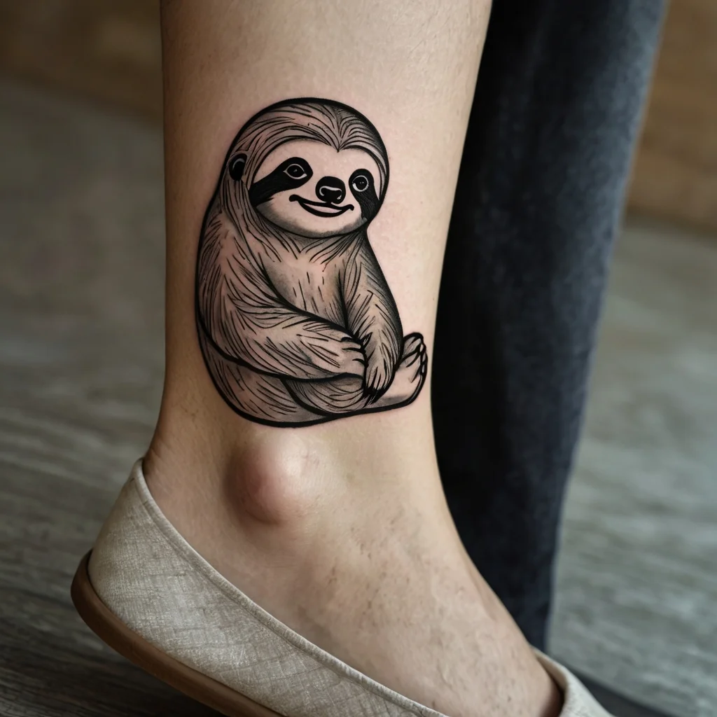 Tattoo of an adorable sloth in black ink, detailed with shading, wraps around the ankle, showcasing a relaxed pose.