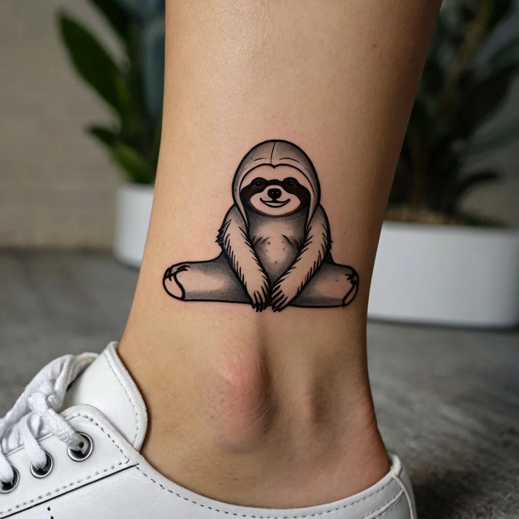 Cute sloth tattoo on the ankle, showcasing the relaxed animal hugging a branch, with a minimalist and playful design.