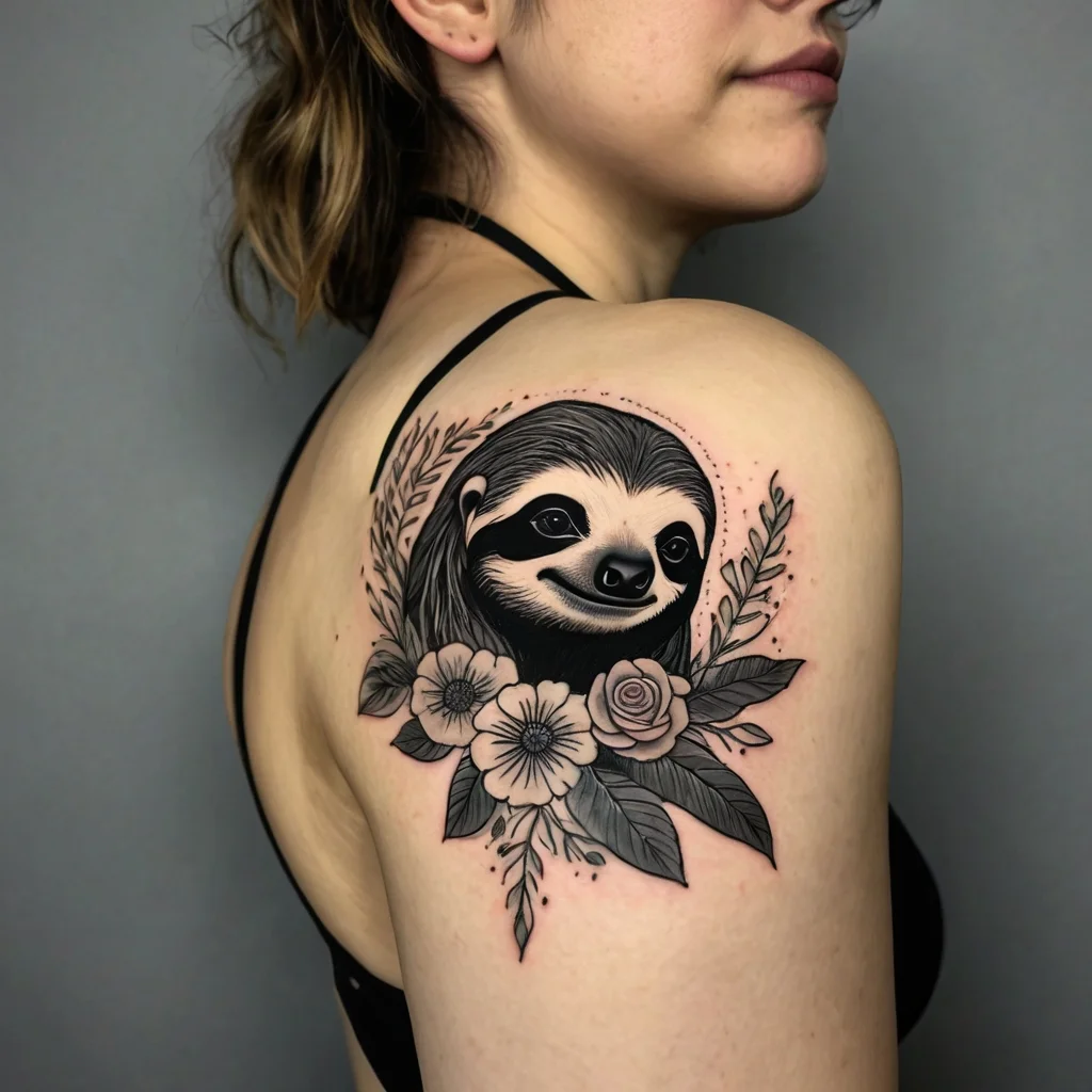 Sloth and floral tattoo on shoulder, featuring detailed black and gray shading with leaves and blossoms for a natural vibe.