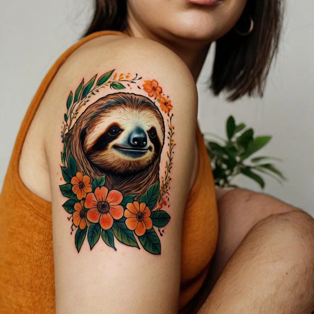 Colorful sloth tattoo surrounded by orange flowers and green leaves, symbolizing serenity and a love for nature.