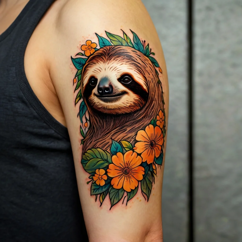 Colorful sloth tattoo nestled in vibrant orange flowers and lush green foliage on an upper arm.