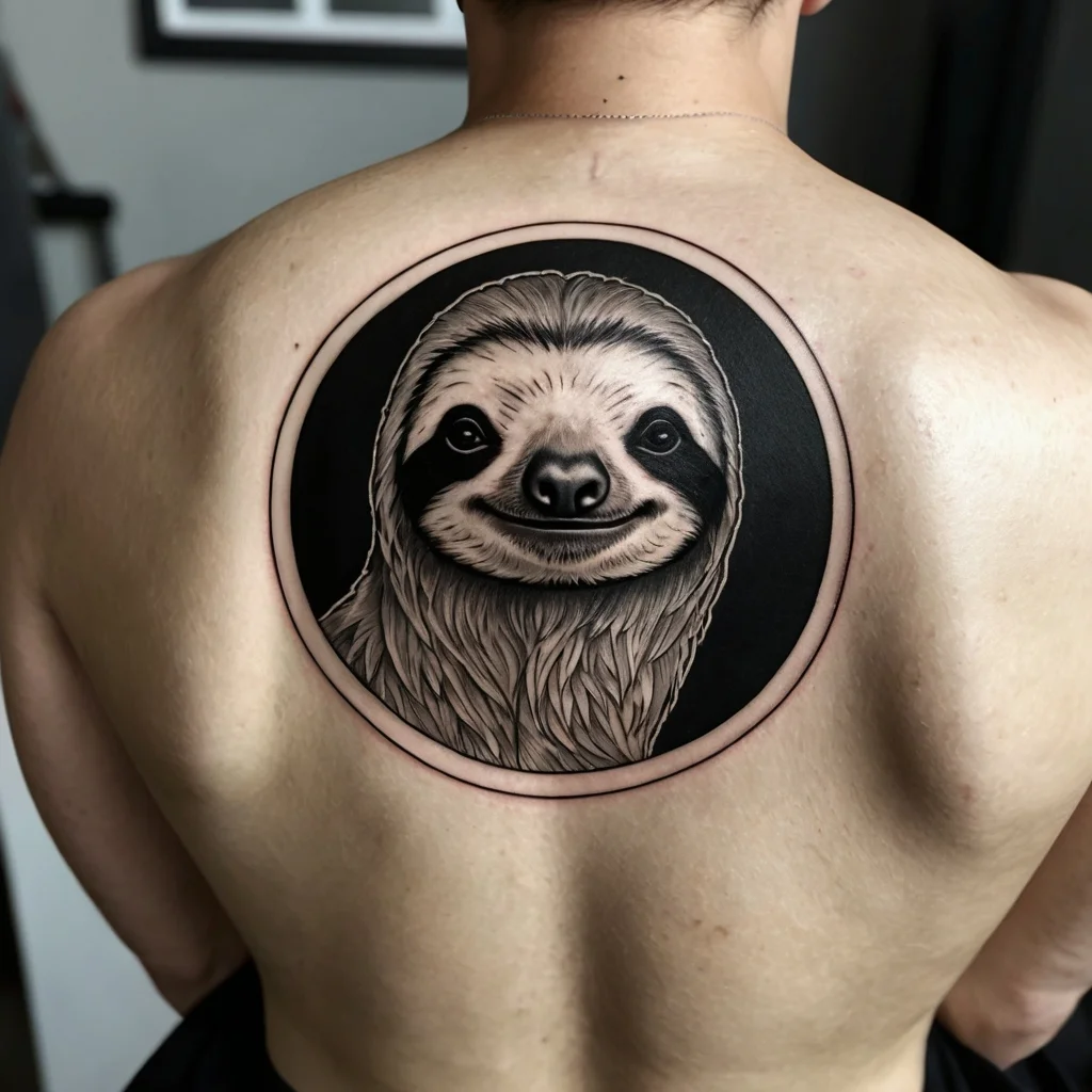 A detailed sloth portrait inside a black circular frame on the back, showcasing subtle shading and texture.