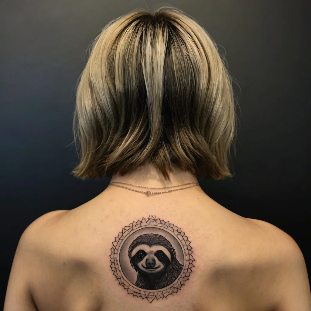 Realistic sloth portrait tattoo on upper back, encircled by an intricate geometric mandala pattern.