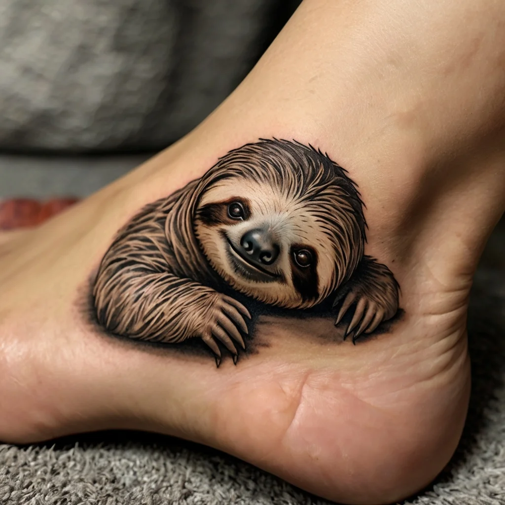 Realistic sloth tattoo on the ankle, showcasing detailed fur and a serene expression.