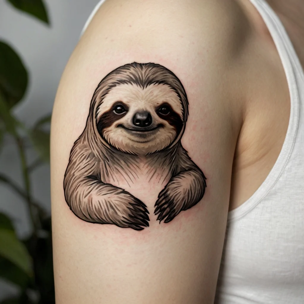 Realistic sloth tattoo on upper arm, featuring detailed fur and a smiling expression, symbolizing relaxation and patience.