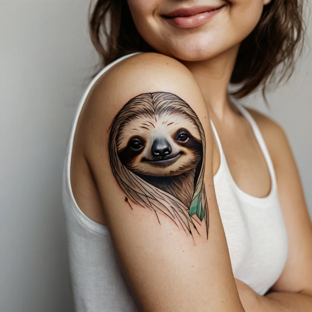 Realistic sloth tattoo on upper arm, featuring detailed fur and a gentle smile, complemented by subtle earthy tones.