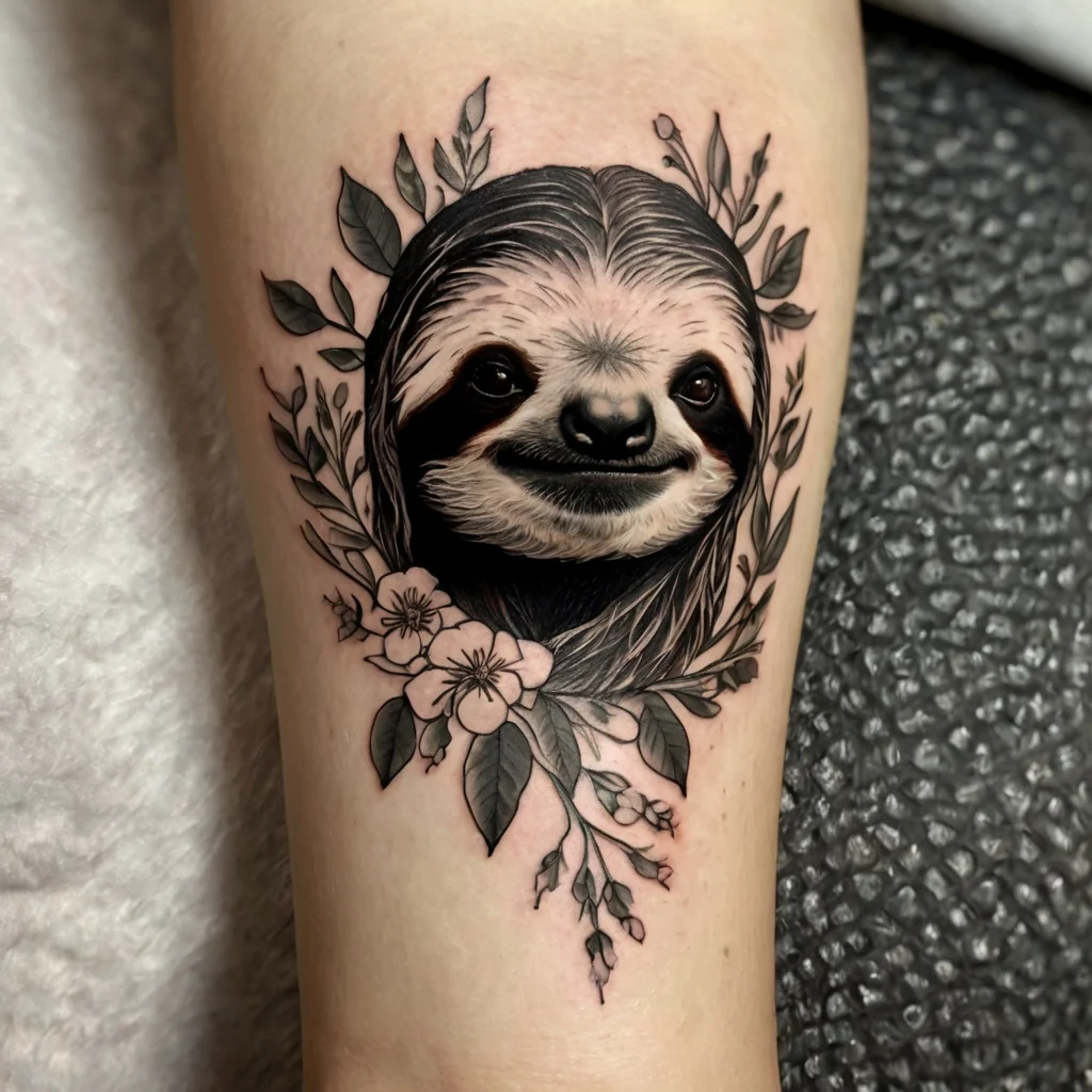 Realistic sloth face framed by detailed foliage and flowers, blending nature's calm and beauty in classic black and grey ink.