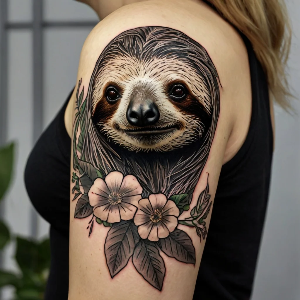 Tattoo of a realistic sloth face framed by pink flowers and green leaves on upper arm, showcasing a blend of nature.