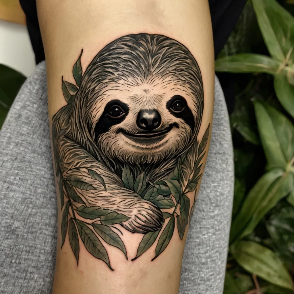 Tattoo of a realistic sloth hugging leaves, showcasing intricate shading and detail, symbolizing relaxation and nature.