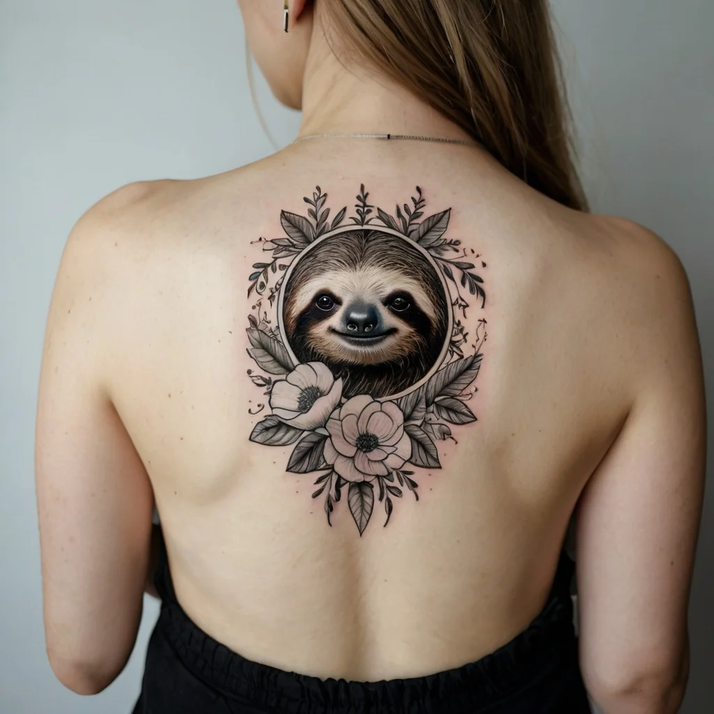 Tattoo of a sloth framed by intricate floral designs on the back, blending realism and decorative elements.