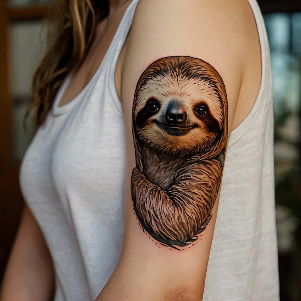 Realistic sloth tattoo on upper arm, featuring detailed fur and a smiling expression, capturing a serene, playful vibe.