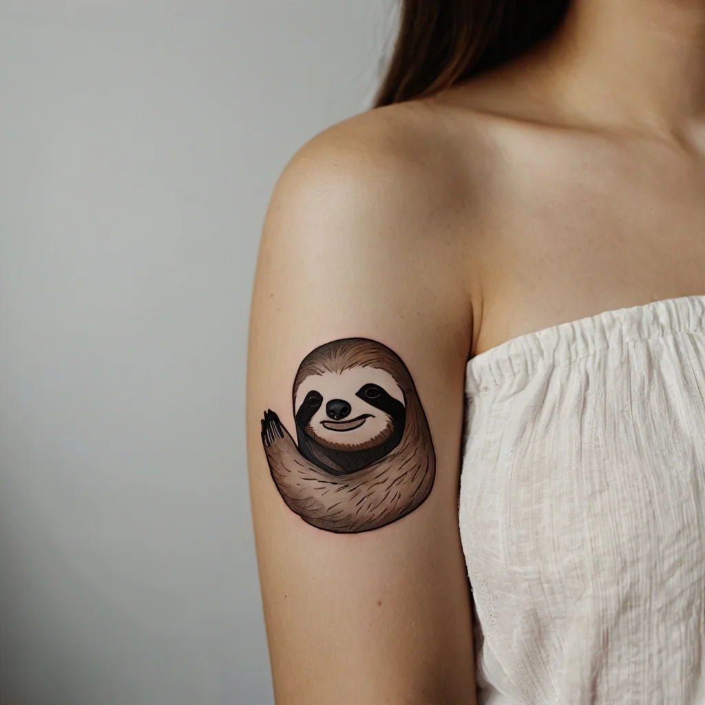 A realistic sloth tattoo on the upper arm, showcasing detailed fur and a gentle smile, symbolizing relaxation and contemplation.