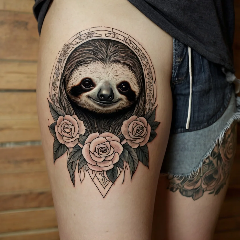 A realistic sloth portrait framed by roses with green leaves, surrounded by intricate line details on the thigh.