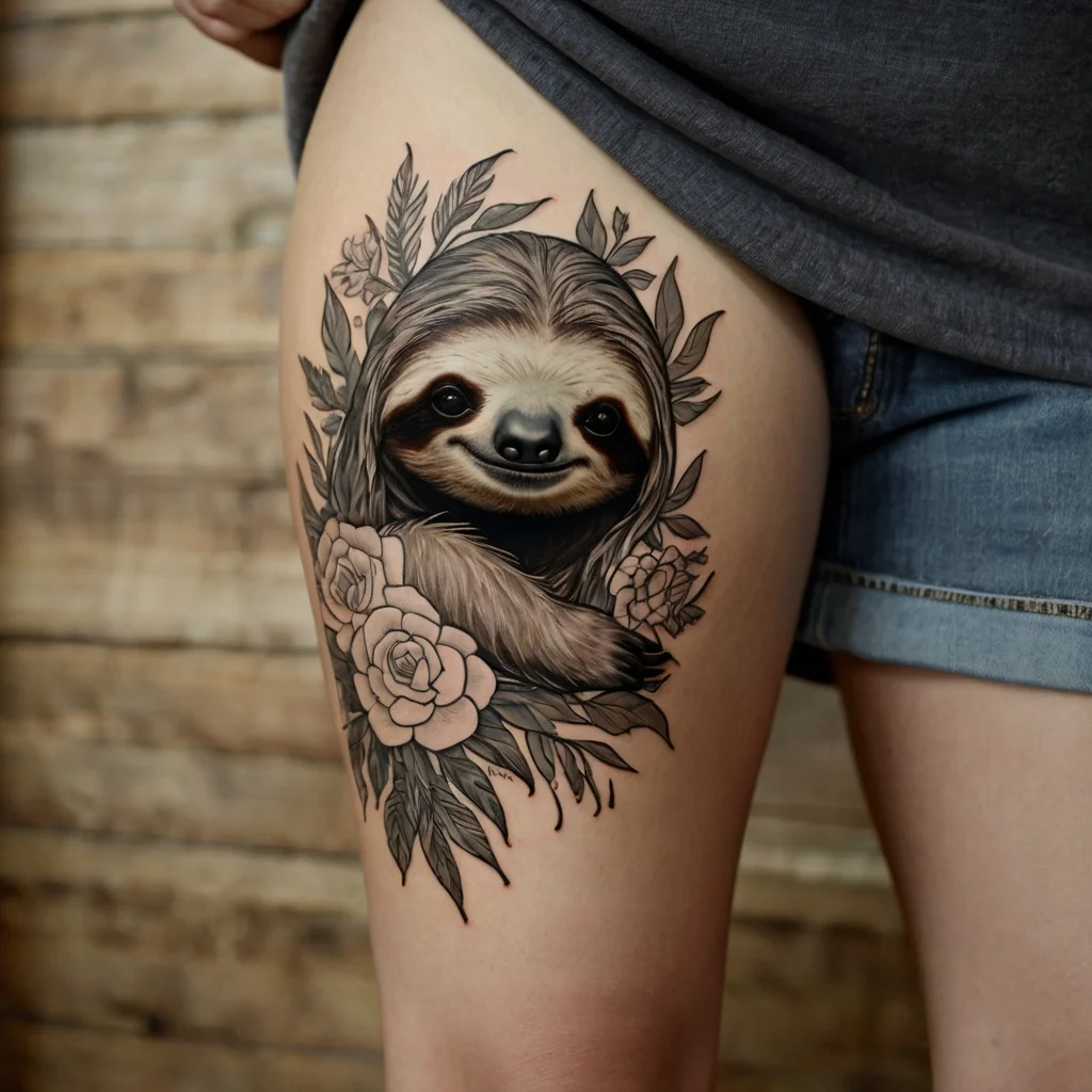 A detailed sloth tattoo nestled among roses and leaves on the thigh, showcasing intricate shading and vivid realism.