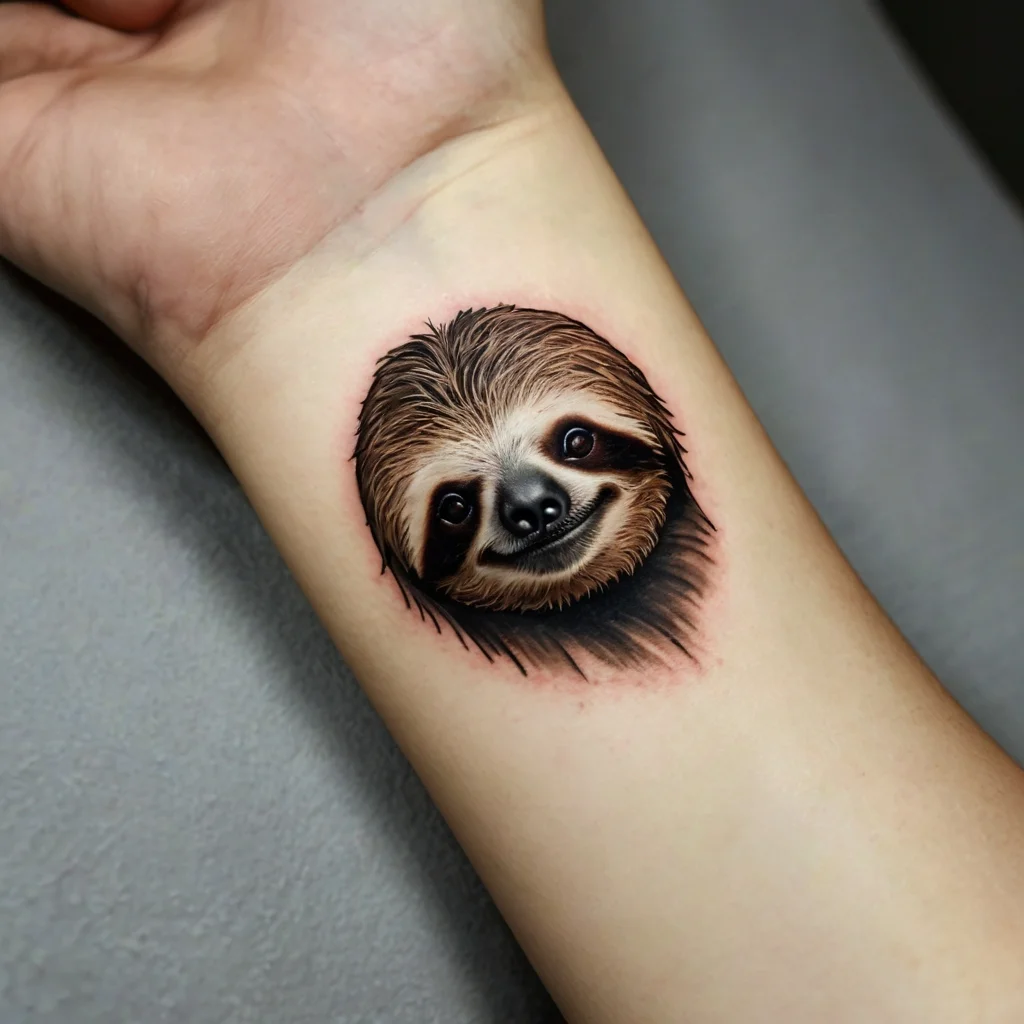 Realistic sloth face tattoo on forearm, showcasing detailed fur and gentle expression for a playful, lifelike effect.