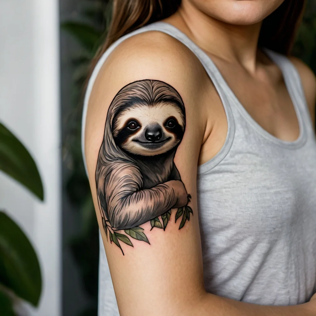 Vibrant tattoo of a smiling sloth on upper arm, nestled in leaves, showcasing intricate shading and realistic details.