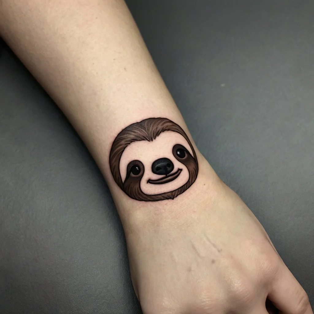 Tattoo of a cute, smiling sloth face with detailed brown fur and big eyes on the wrist, symbolizing relaxation and ease.