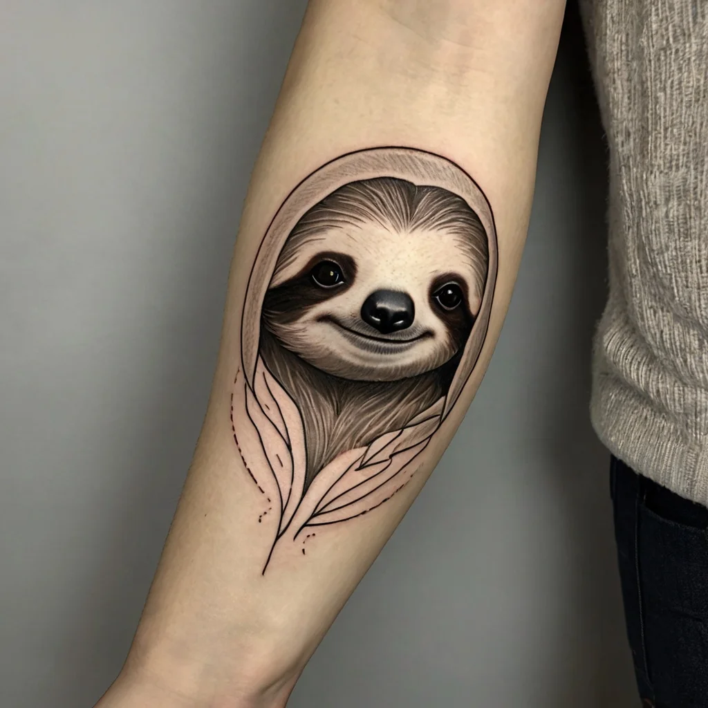 Tattoo of a realistic sloth face encircled by stylized leaves, blending fine line work with bold shading on the forearm.