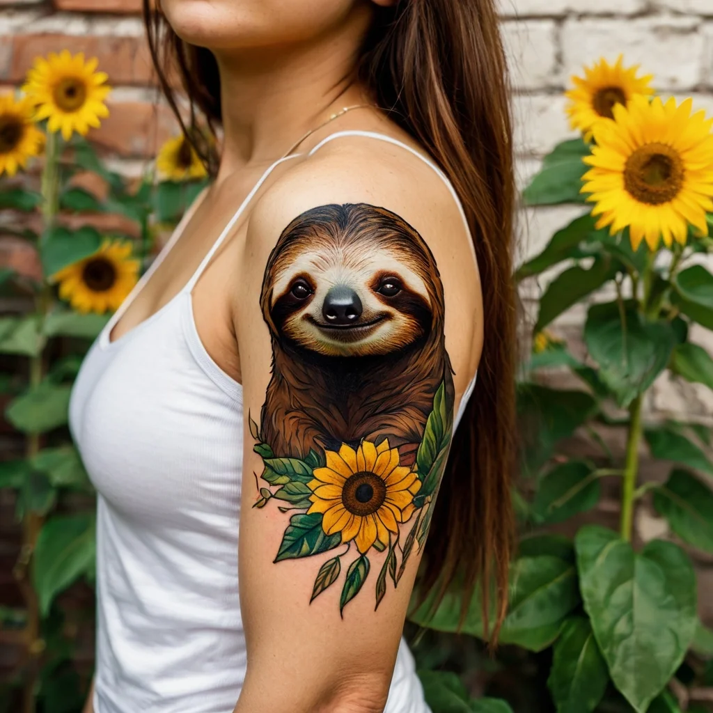 A vibrant sloth tattoo with a sunflower, detailed with rich colors and realistic shading, adorns the upper arm.