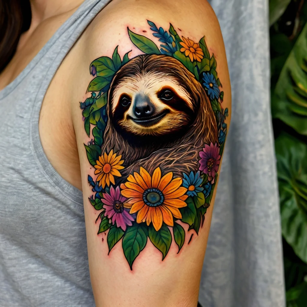 Colorful sloth tattoo surrounded by vibrant flowers and leaves on the upper arm, showcasing nature and tranquility.