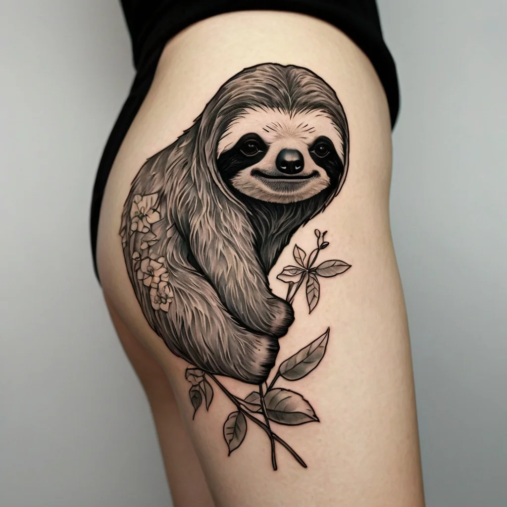 Detailed sloth tattoo wrapped around a branch with leaves and flowers, showcasing fine shading and realistic details.