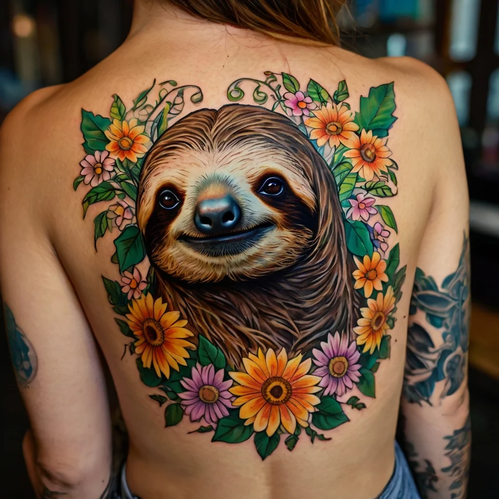 Vibrant tattoo of a sloth surrounded by colorful flowers and lush leaves covers the middle of the back.