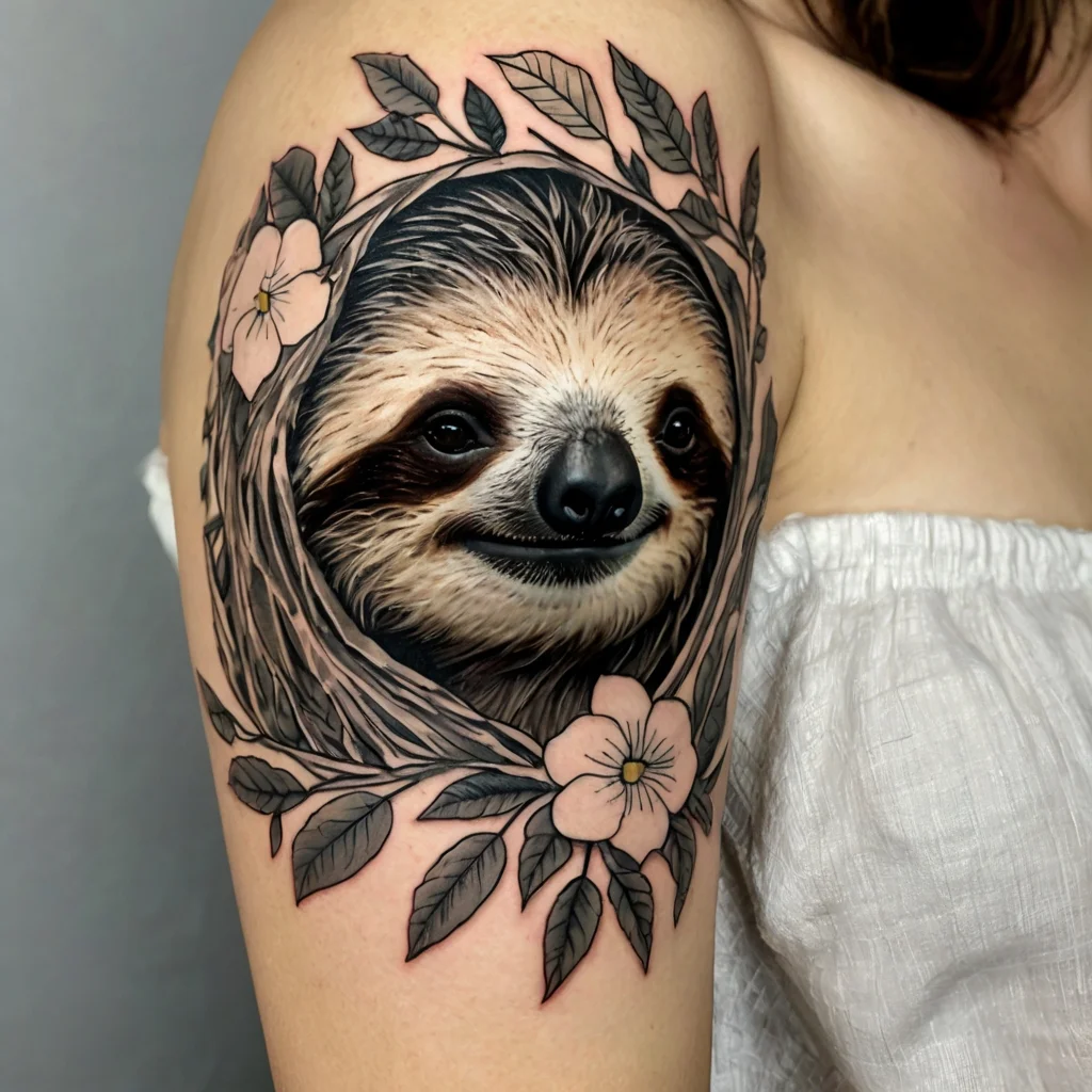 A realistic sloth face framed by branches and leaves, accented with soft pink flowers on the upper arm.