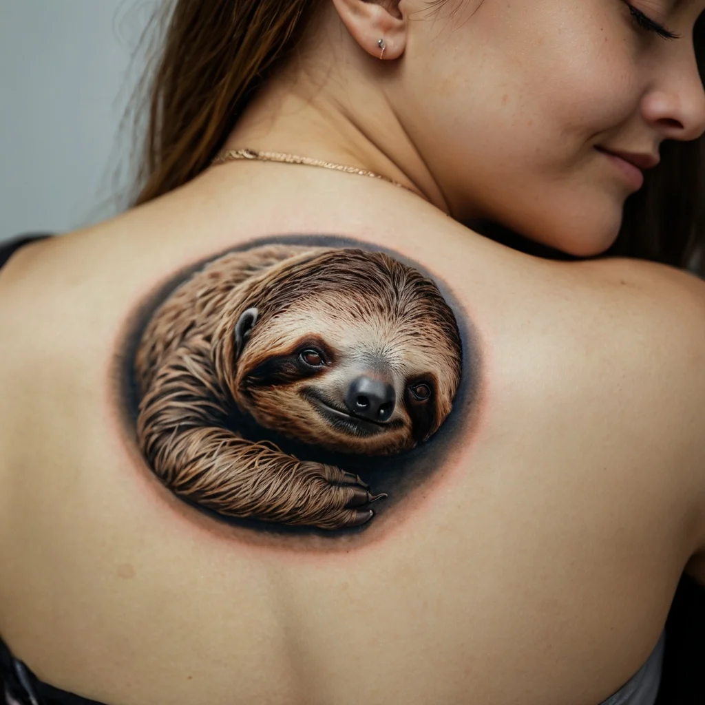 Realistic sloth tattoo on shoulder, showcasing intricate fur detail and a relaxed expression within a circular frame.