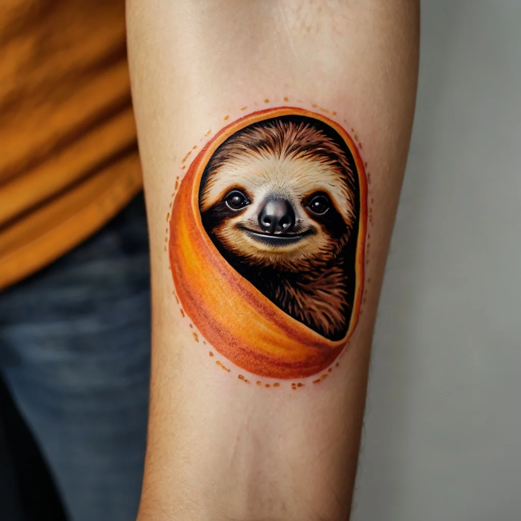 Cute sloth tattoo wrapped in an orange blanket, with realistic shading and warm tones.