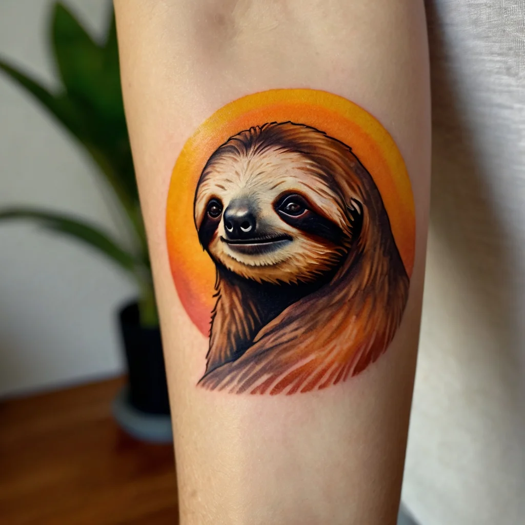 Realistic sloth tattoo with a vibrant orange sunset background, capturing a serene and cheerful expression.