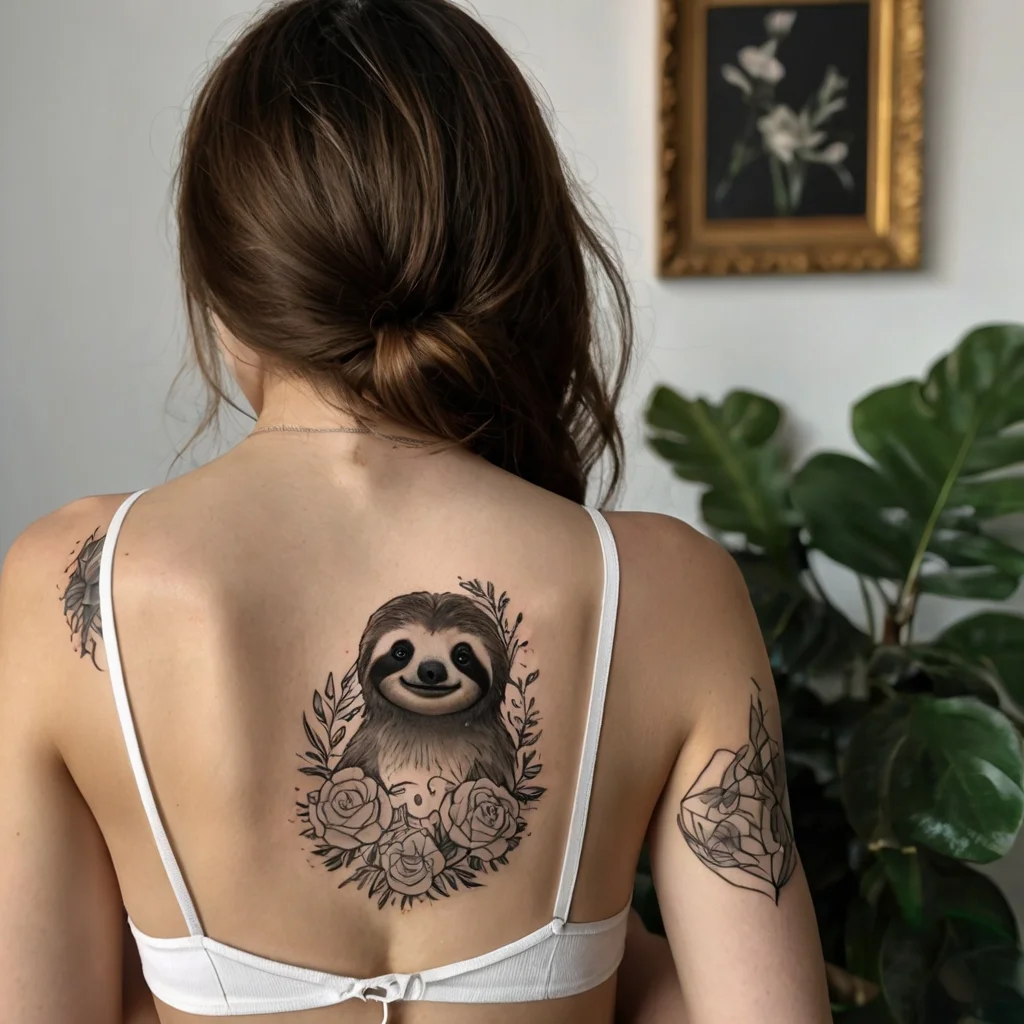 A playful sloth tattoo surrounded by delicate roses and leaves, centered on the upper back.