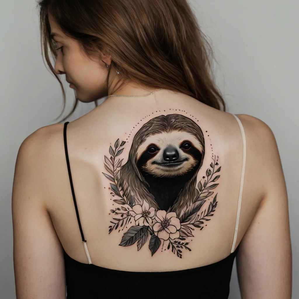 Detailed sloth tattoo on back with floral accents and leaves, framed by delicate dotted lines for added elegance.