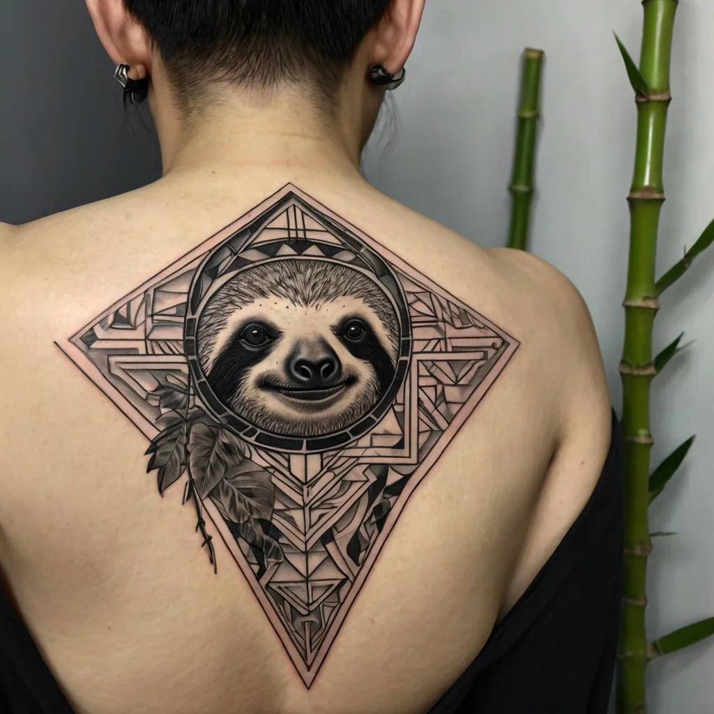 Geometric sloth tattoo on back, featuring intricate line patterns and leaf accents within a diamond-shaped frame.