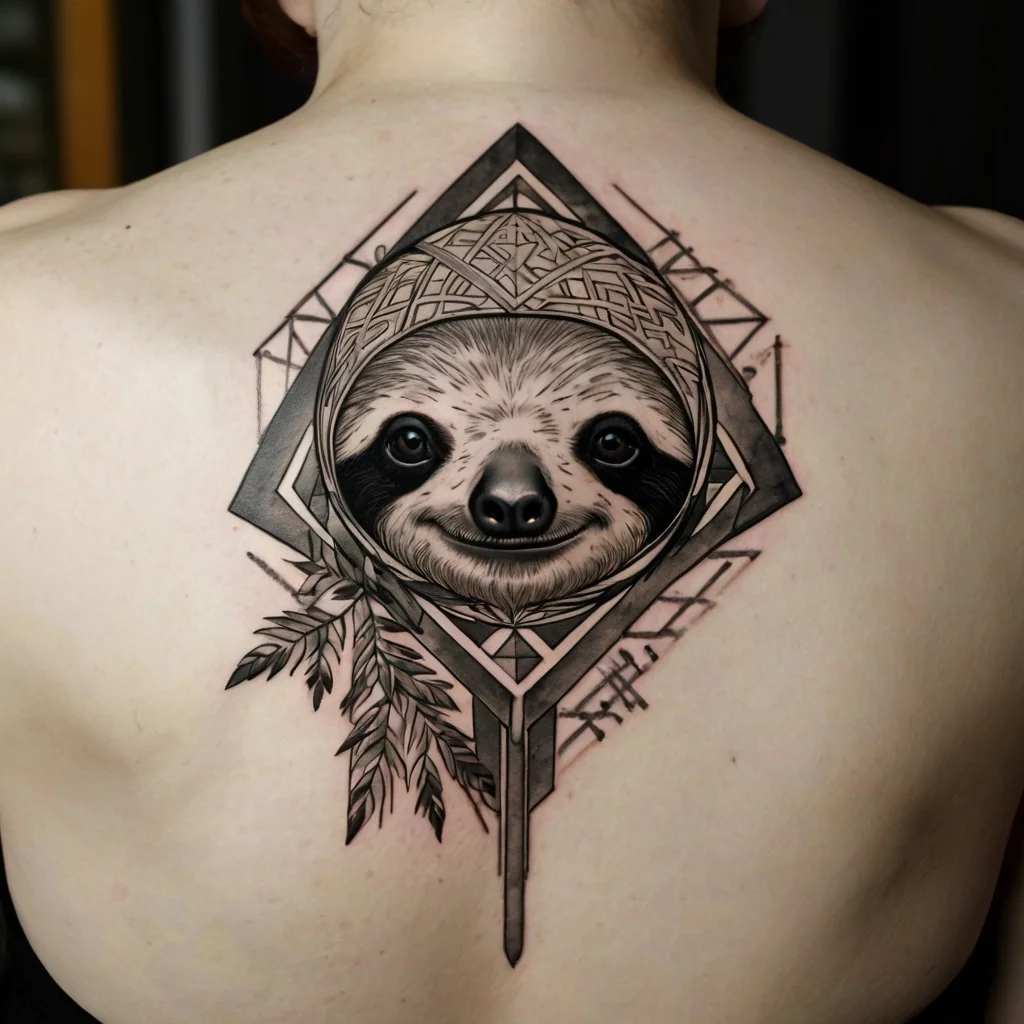 Geometric sloth tattoo with intricate linework and leaf embellishments, centered on the back.