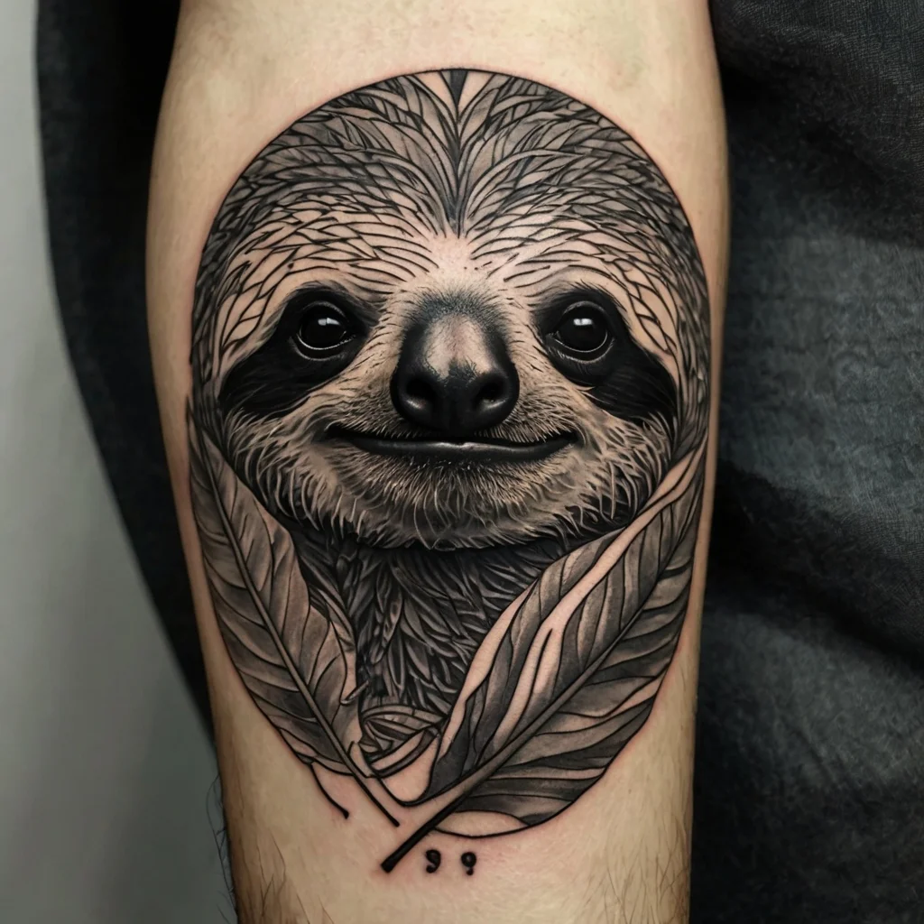 Hyper-realistic sloth portrait tattoo with detailed fur and shading, framed by intricately designed leaves.