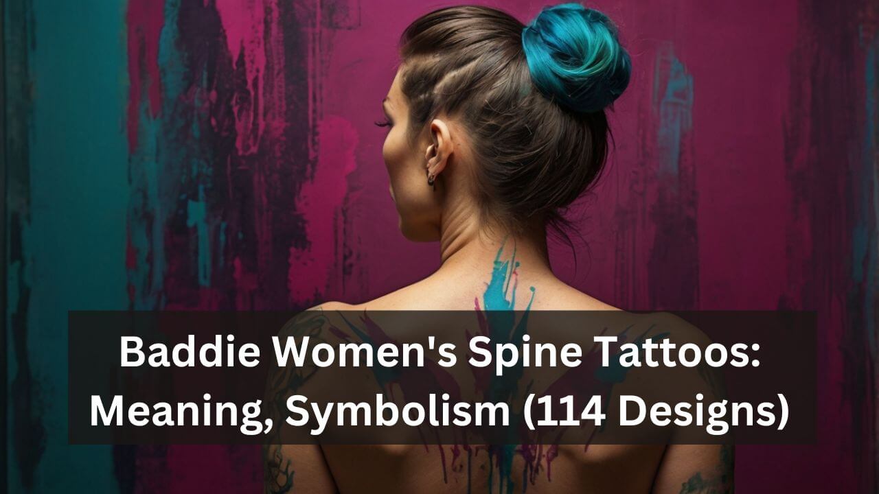 Abstract spine tattoo with vibrant blue and pink ink splashes. Complemented by a dark updo.