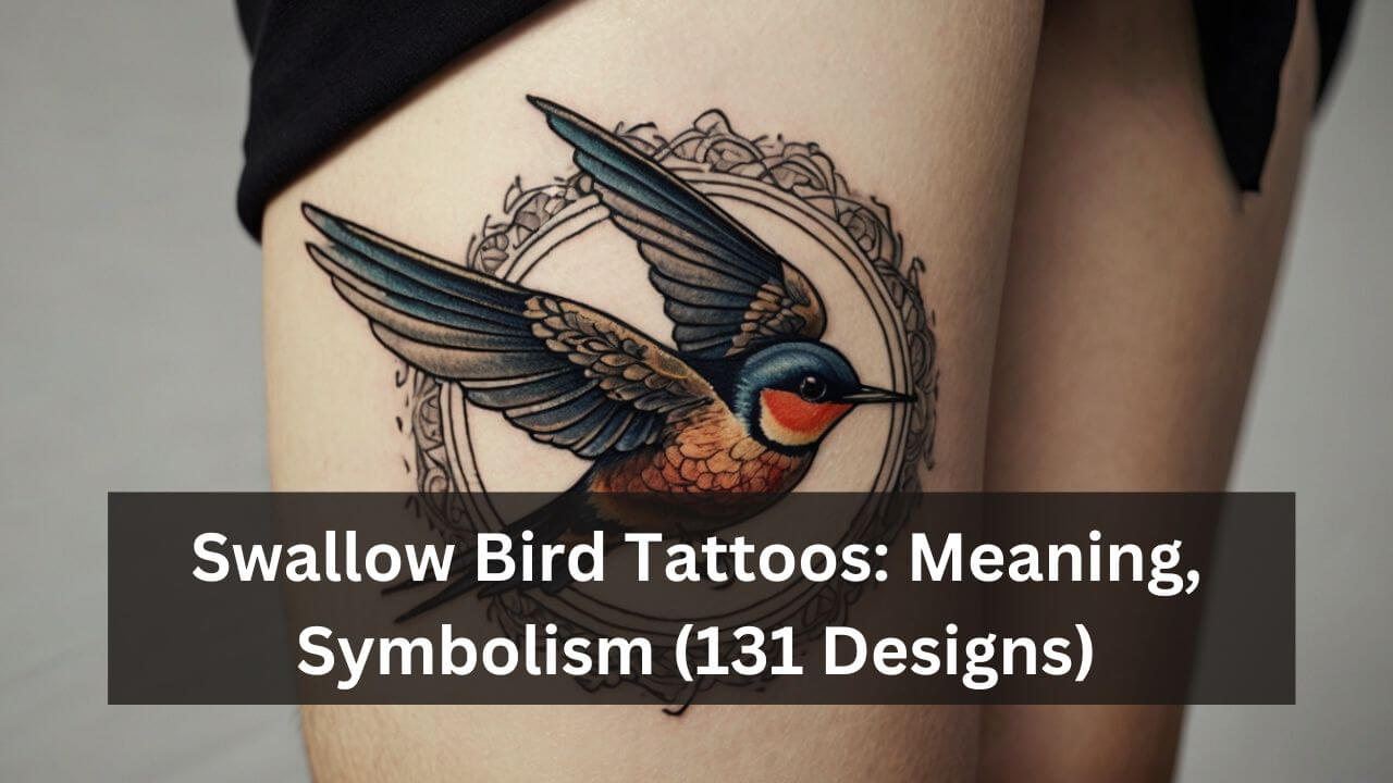 A vibrant swallow tattoo in flight, surrounded by an ornate circular pattern, symbolizing freedom and travel.