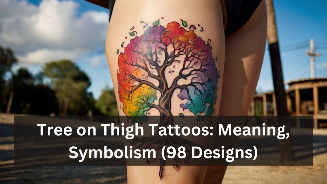 Vibrant tree tattoo on thigh, branches sprawling in a rainbow ombre, symbolizing growth and diversity.