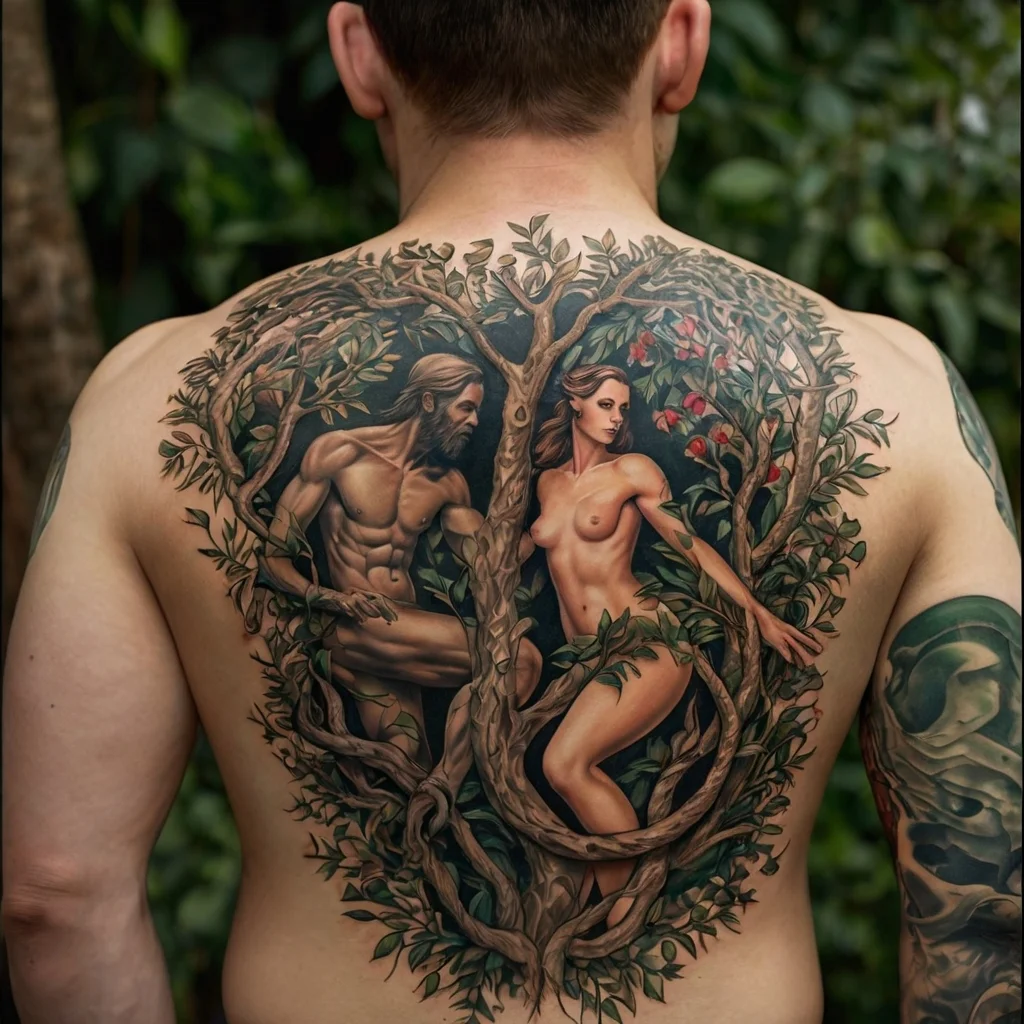 Back tattoo with lush, intertwining trees framing a man and woman, symbolizing connection and the balance of nature.