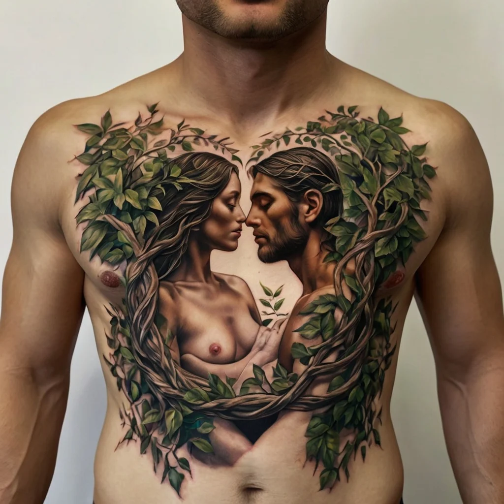 Chest tattoo of entwined lovers with vivid foliage, forming a heart shape, symbolizing unity and natural connection.