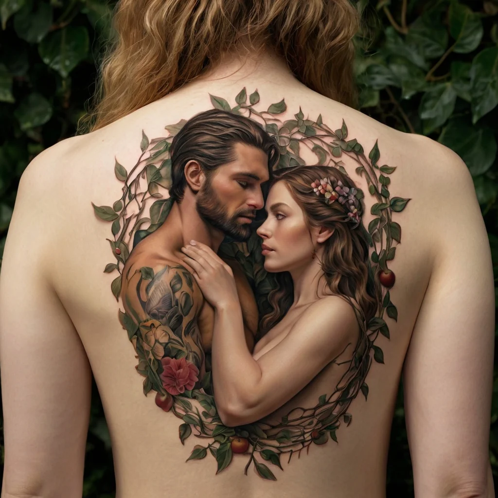 Realistic tattoo of a man and woman embraced, surrounded by a floral and leafy vine, detailed on the back.