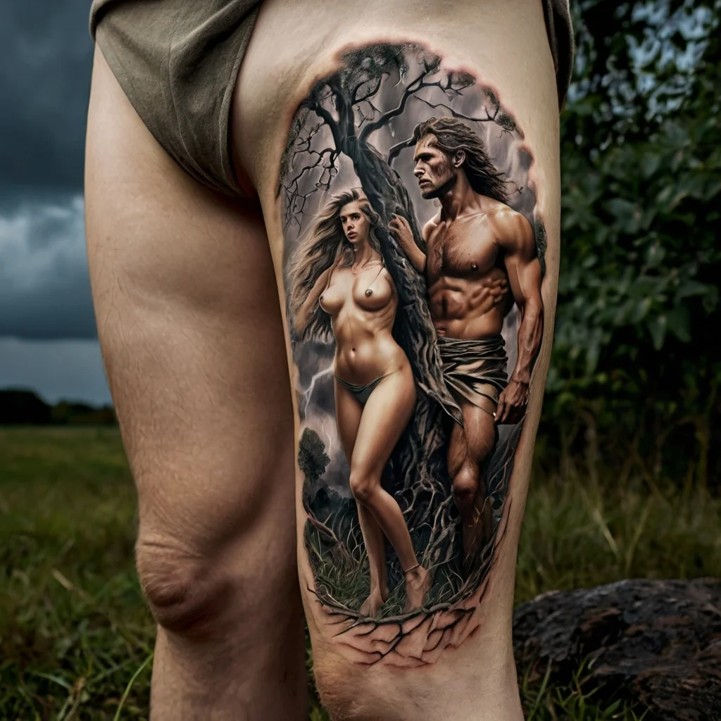 Tattoo depicting a mythological scene with a man and woman merging with a tree, showcasing vibrant realism and nature elements.