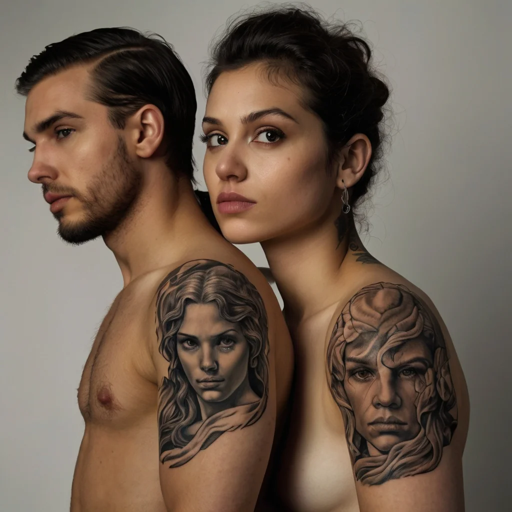 Realistic portrait tattoos feature striking faces, with intricate hair details and expressive shading on both arms.