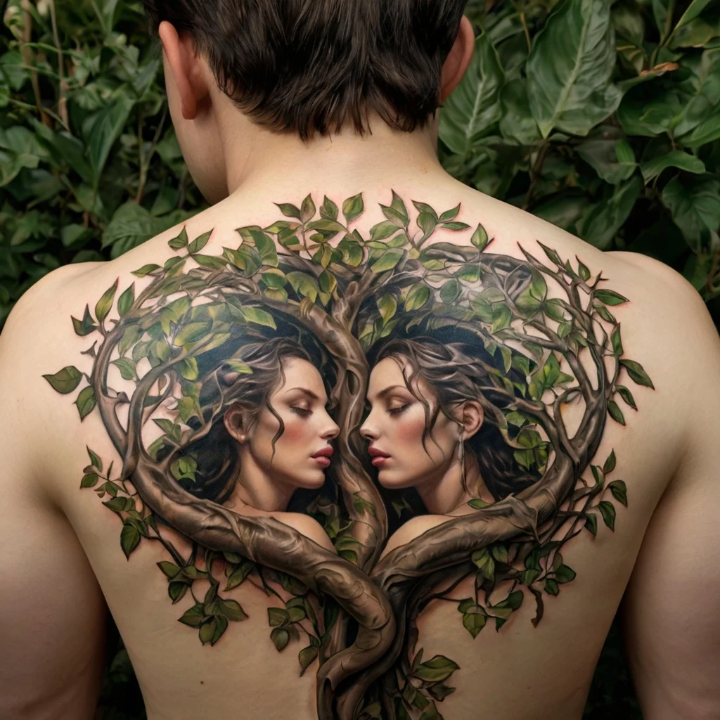 Back tattoo of intertwined tree branches forming a heart, with two women's faces in profile, surrounded by leaves.